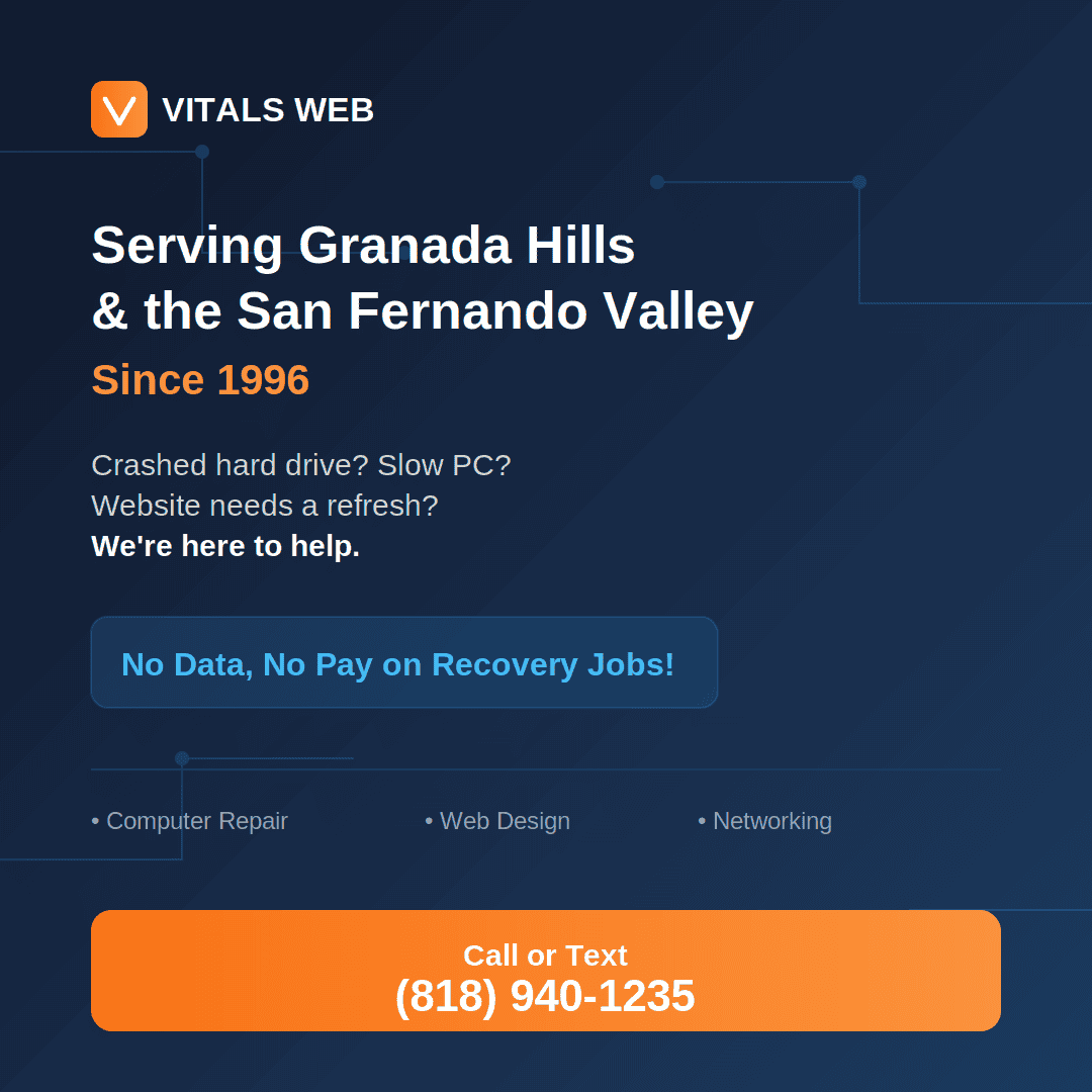 IT support Los Angeles - Vitals Web promo graphic with contact number and services list